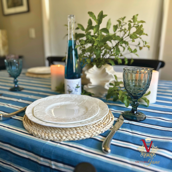 Blue Stripe Tablecloth full table setup