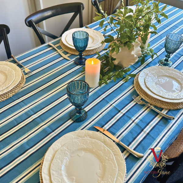 Blue Stripe Tablecloth dinner setup