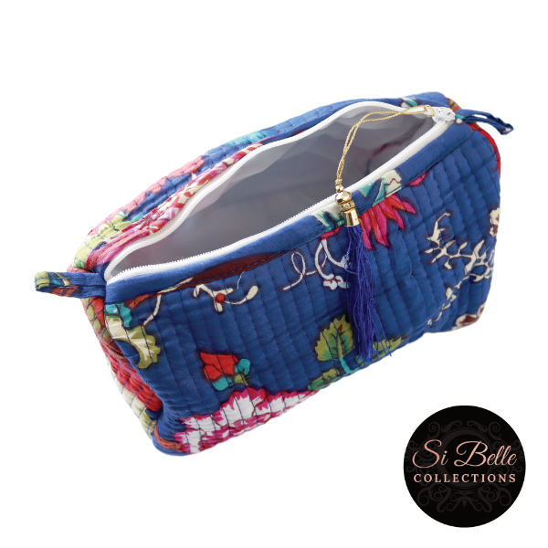 Blue Floral Toilet Bag Set open top view