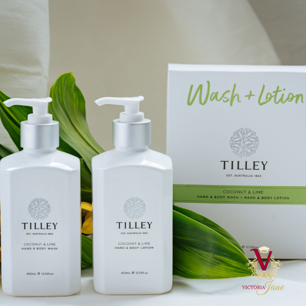 Tilley - Coconut Lime Hand & Body Wash & Lotion Duo for Silky Soft Skin photoshoot with plant