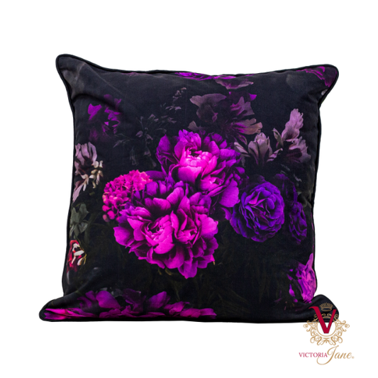 Victoria Jane - Dazzling Dragonfly Velvet Cushion front magenta bright purple colourful flowers leaves back side