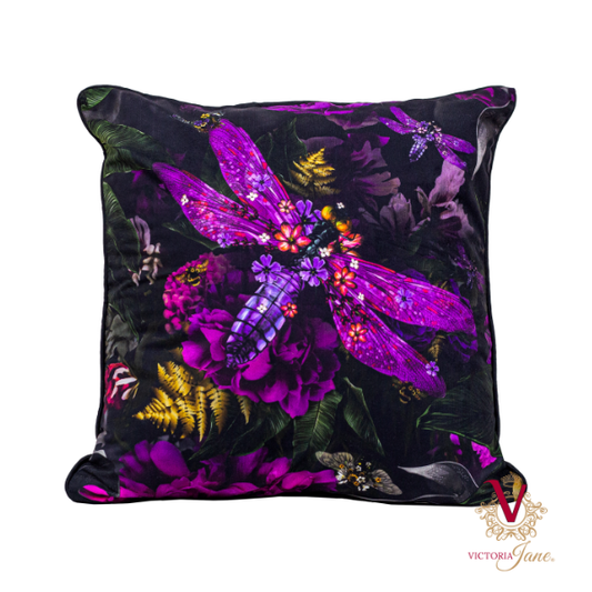 Victoria Jane - Dazzling Dragonfly Velvet Cushion front magenta bright purple colourful flowers leaves