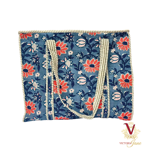 Denim Flower Zipped Designer Carry All Tote Bag
