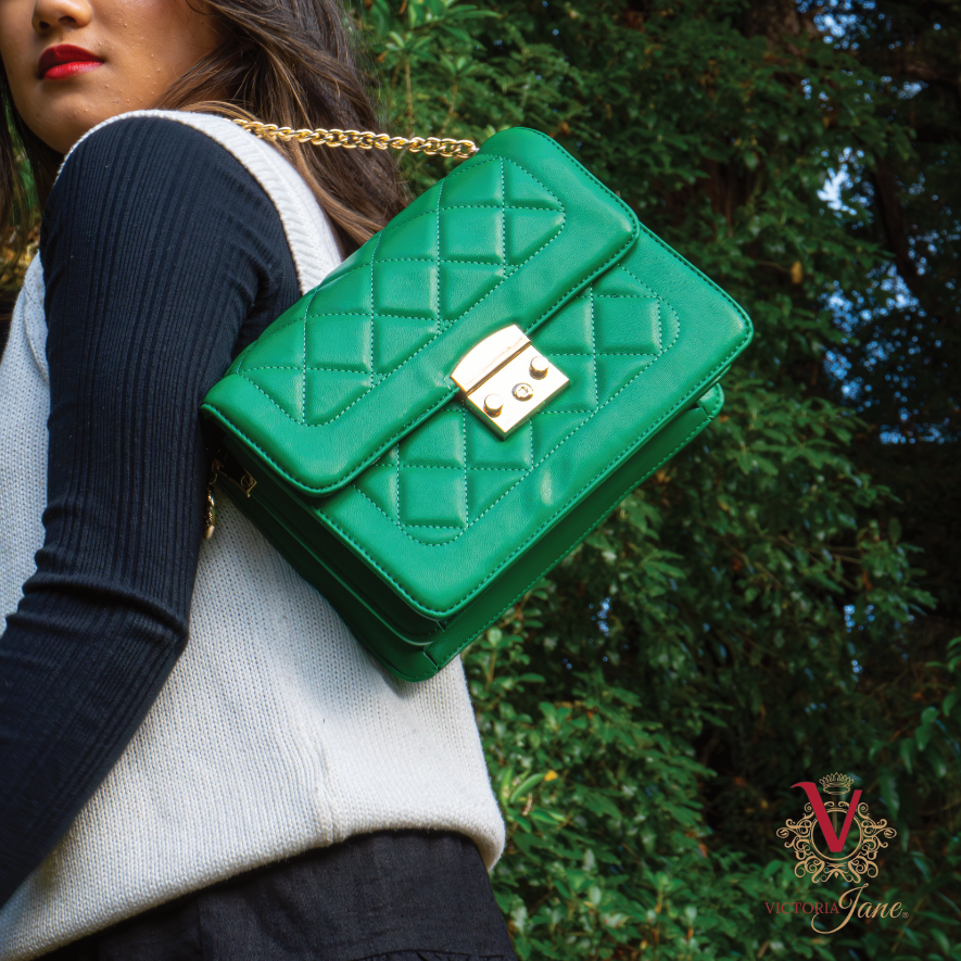 Quilted Cross Body Bag - Emerald Green over shoulder