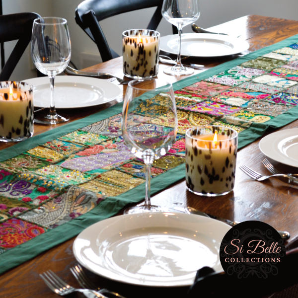 Si belle collections Emerald Oasis Table Runner on dining table styled