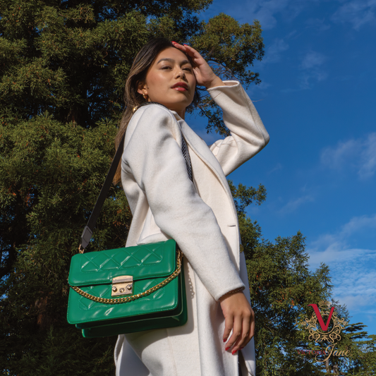 Quilted Cross Body Bag - Emerald Green victoria jane with model