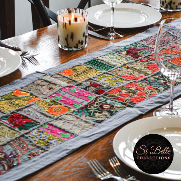 Si belle collections grey table runner dining set up