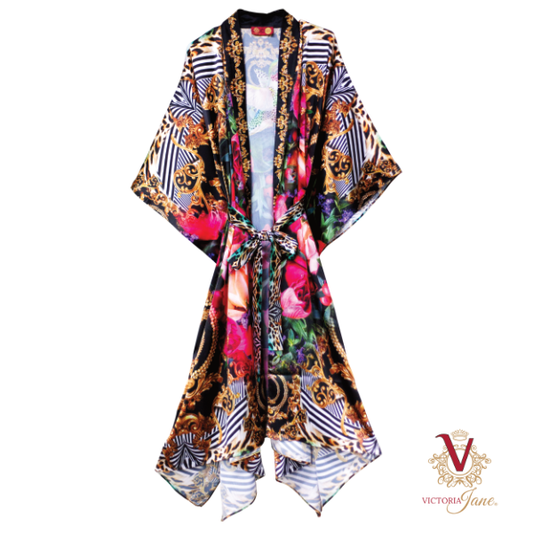 Luxury Satin Peony Bird Kimono victoria jane front 