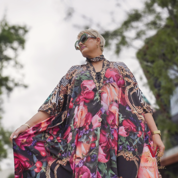 Silk Crepe Peony Bird Kimono victoria jane on model