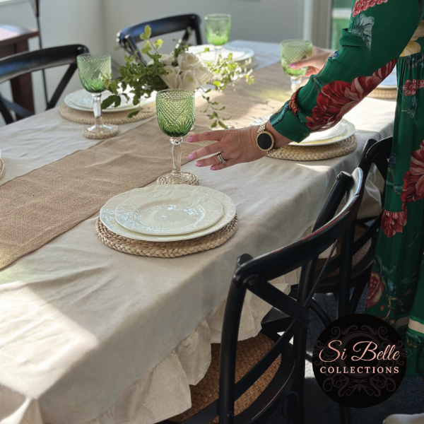 si belle collections Linen Ruffle Tablecloth styled dining table