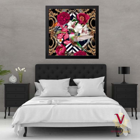 A vibrant hummingbird placed in a modern living environment atop a master bedroom in Christchurch. The hummingbird fills the room with joy and confidence as she dances in her forest fantasy.