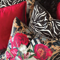 Lily Bird Velvet Cushion victoria jane close up with zebra cushion