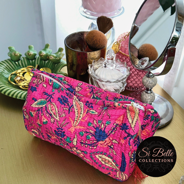 Pink Lipstick Garden Pouch Bag Set on dressing table