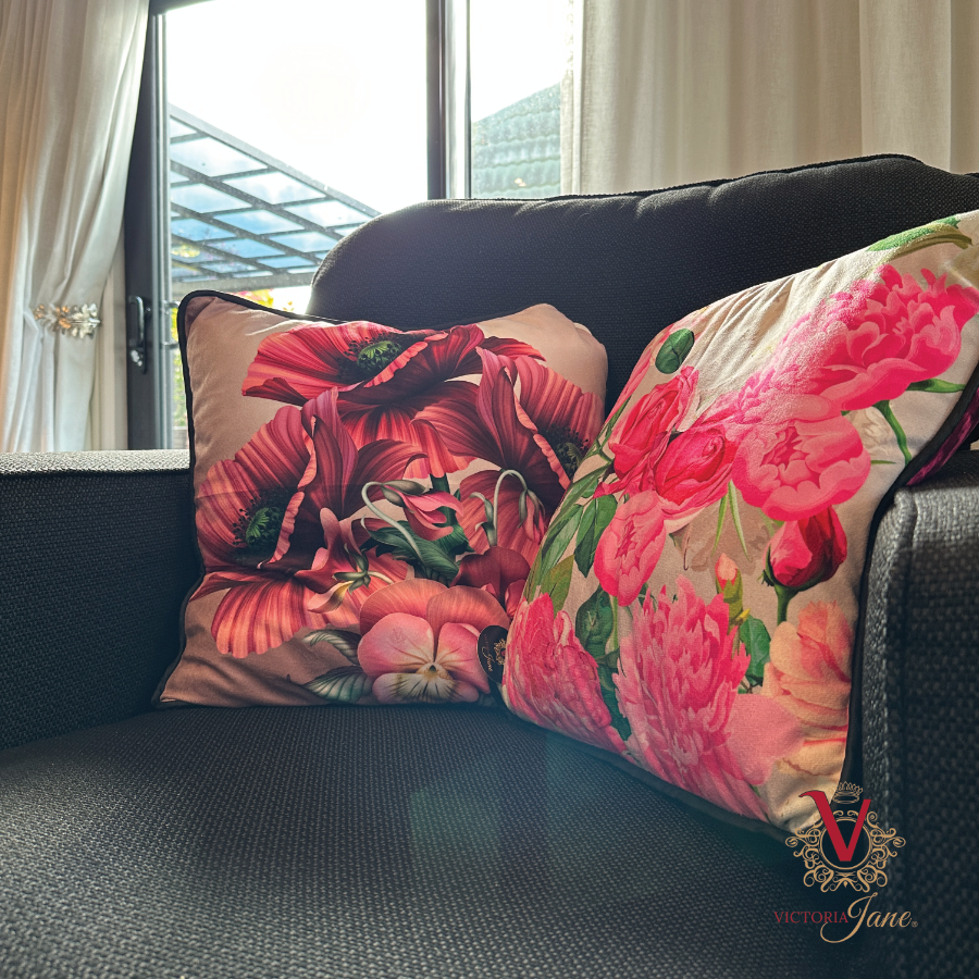 Leopard Luxe Velvet Cushion styled with victoria jane peony power cushions