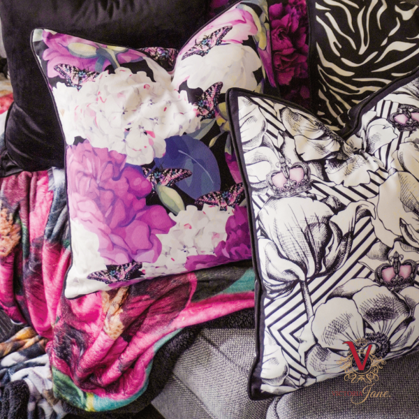 victoria jane Fluttering Hydrangea Velvet Cushion with magenta moods cushion close up