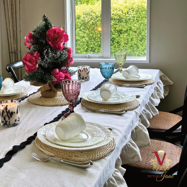 Natural Linen Table Runner set up crockery