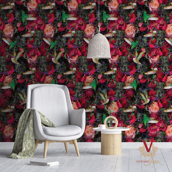 victoria jane peony bird wallpaper lifestyle lounge living area