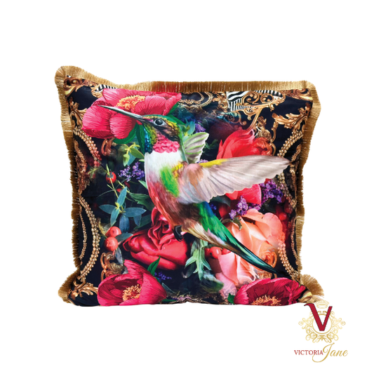 Peony Bird Velvet Cushion front