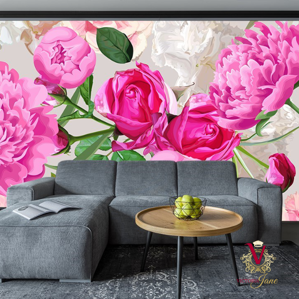 Peony Power Mural in monochrome living room