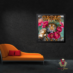 Bright colourful victoria jane tiger peony wall art placed in a contemporary lounge
