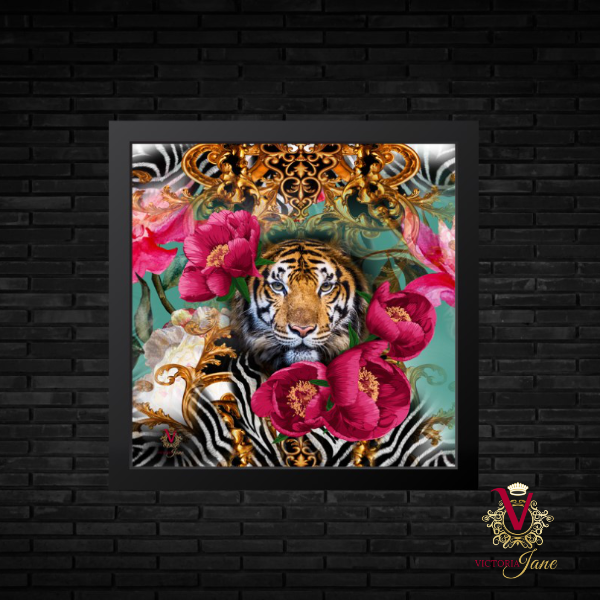 Bright colourful victoria jane tiger peony wall art on brick wall background