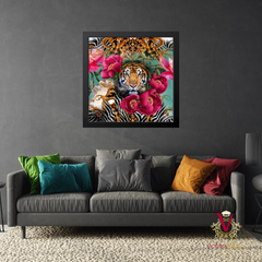 Bright colourful victoria jane tiger peony wall art brightens up a living room space