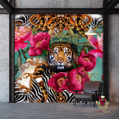 victoria jane peony tiger mural in workspace living area room