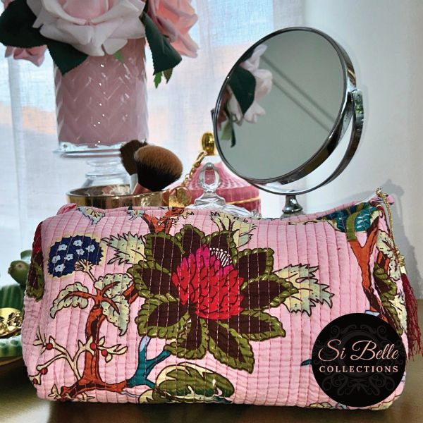 Pink Floral Pouch Bag Set on dressing table