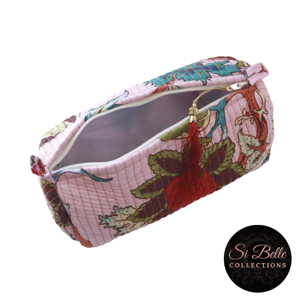 Pink Floral Toilet Bag Set open top view