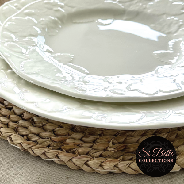 close up rattan placemat with plates