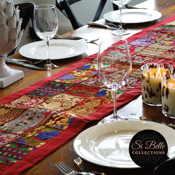 si belle Scarlet Splendor Table Runner styled dining table