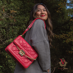 Quilted Cross Body Bag - Raspberry Red victoria jane with model