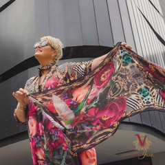 Peony Bird Chiffon Scarf billowing in wind victoria jane