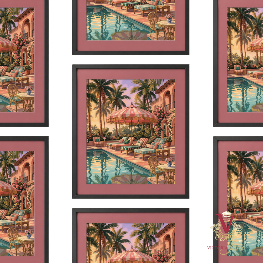 Sunset Cabana Framed Art black repeated
