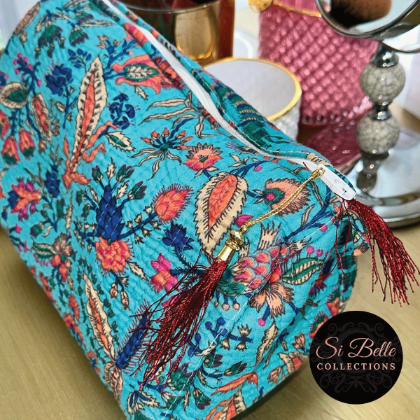 Teal Floral Pouch Bag Set close up