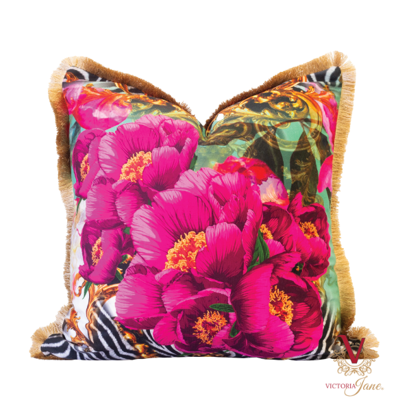 victoria jane Peony Tiger Velvet Cushion gold fringing chopped back