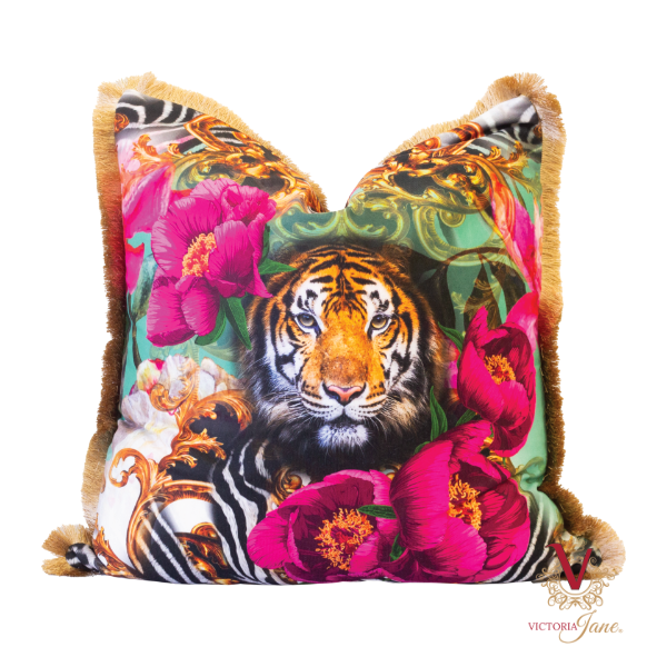 victoria jane Peony Tiger Velvet Cushion gold fringing chopped front
