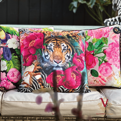 Jungle Jive Velvet Cushion styled with other victoria jane cushions