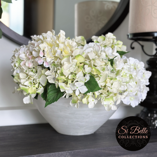 White Resin Bowl si belle collections on foyer table lifestyle flowers