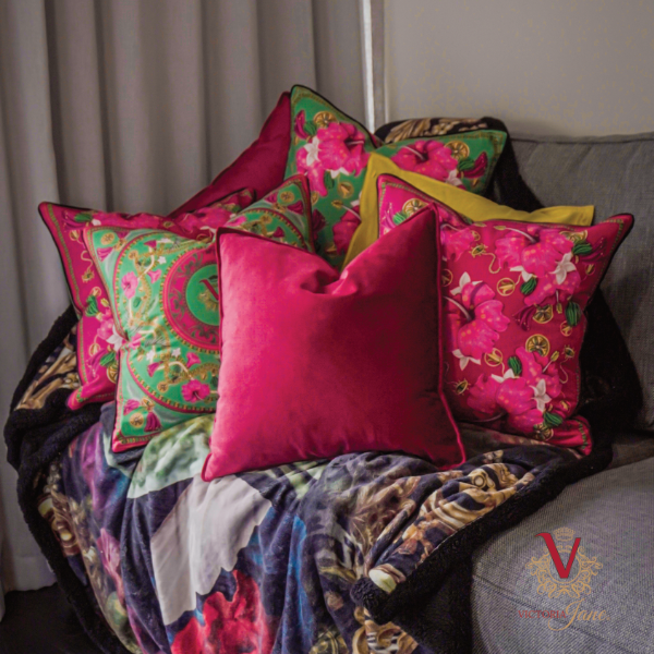 Cerise Celebration Cushion victoria jane cushion spead with wildest dreams collection green with envy cushion