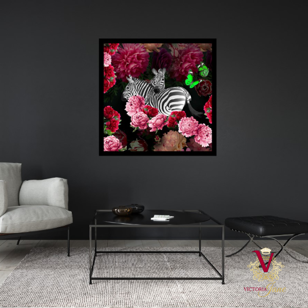 stylish Victoria Jane Zebra Rose Wall Artwork hanging in monochromatic living room, bright and colourful