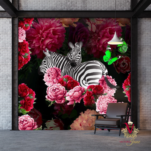 victoria jane Zebra Rose Mural in spacious living area