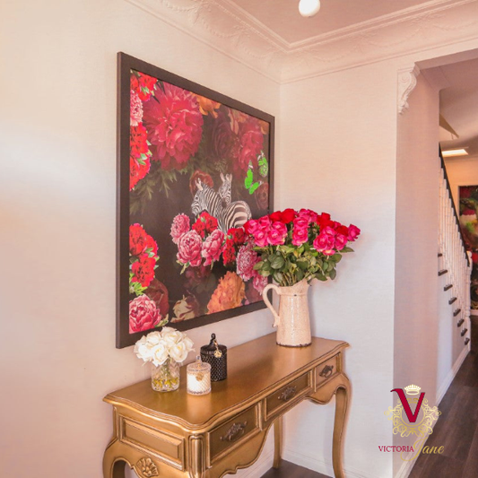 Victoria Jane Zebra Rose Framed Wall Art premium frame bright flower butterfly lifestyle foyer