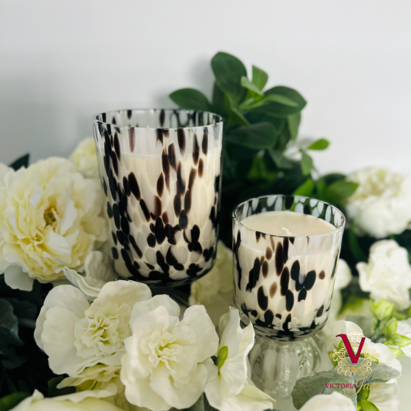 XL and L victoria jane dalmatian candles with flower background