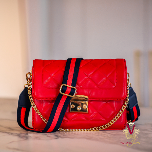 Raspberry Red Quilted Cross Body Bag with Raspberry & Ink Stripe