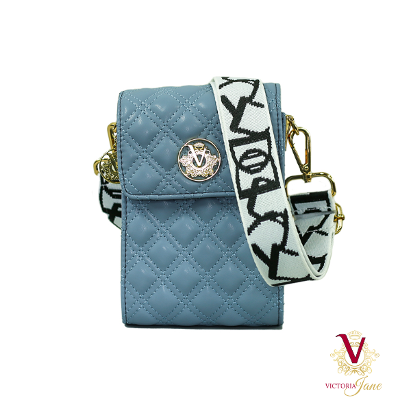 Silver Satin Grey and Powder Blue Cross Body Phone Bag with White
