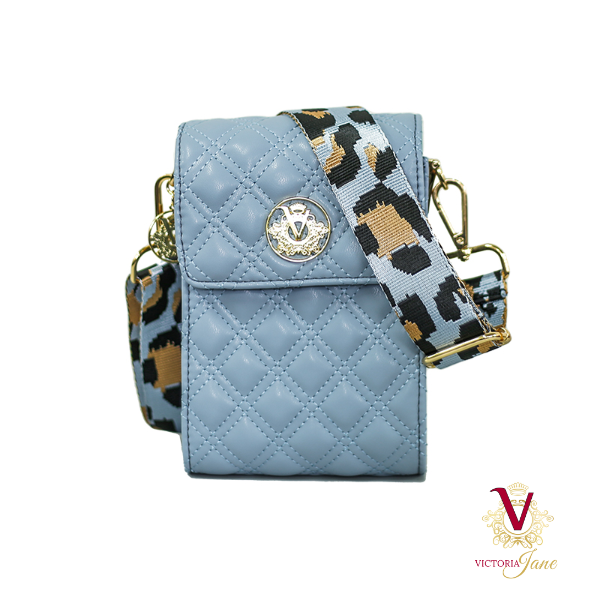 Silver Satin Grey and Powder Blue Cross Body Phone Bag with Herringbone  White & Ink Strap