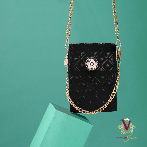 stylish victoria jane noir black raspberry red cross body phone quilted gold chain stylish on green background