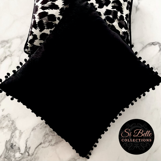 Si Belle Collections - Black Beauty Velvet Pom-Pom Cushion flat lay