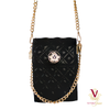 stylish victoria jane noir black and raspberry red cross body phone quilted gold chain front view